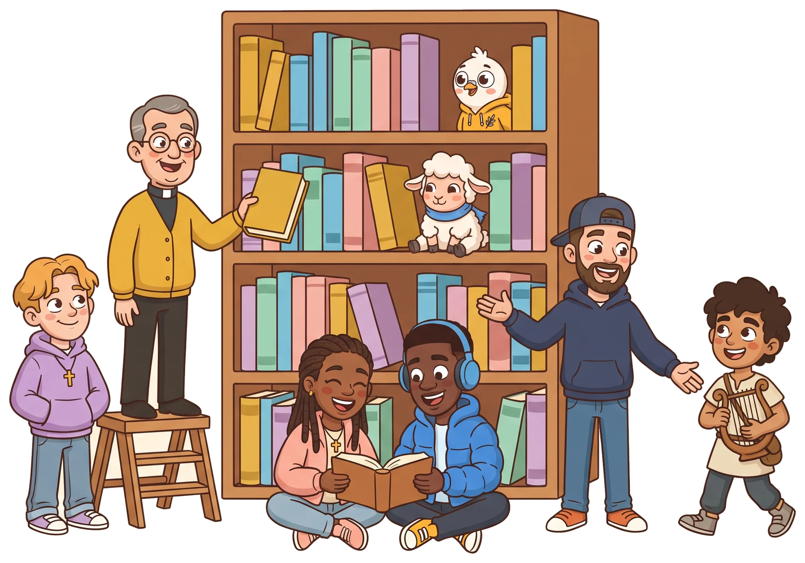 A bookshelf of groups: Father Dave handing a book down to Ollie, Zoe and Kwame reading on the floor, Pastor Jake welcoming David, Baa-rnabas tucked among the books
